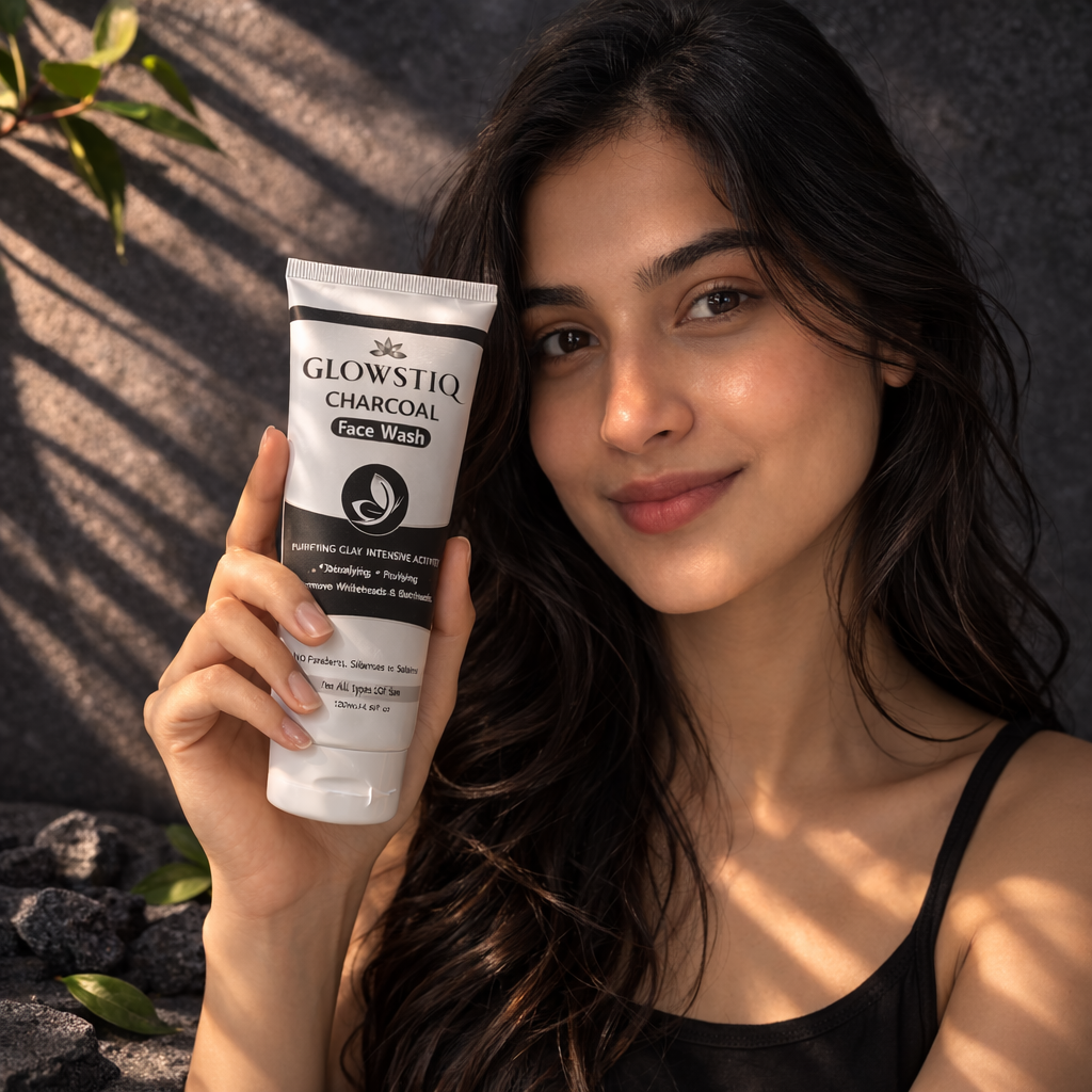 Glowstiq Charcoal Face wash - model image Glowstiq Charcoal Face wash - model image